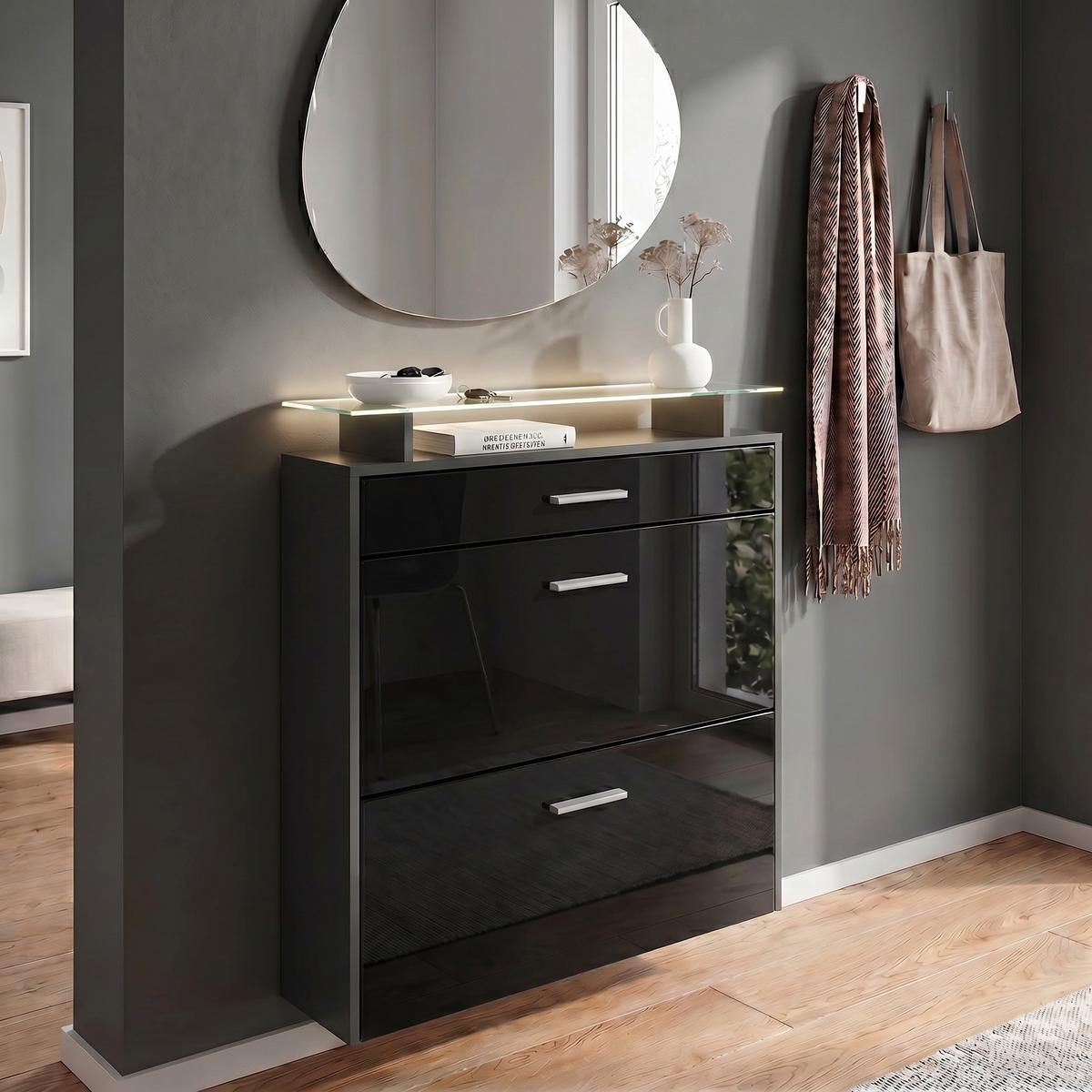 SCHUHSCHRANK Malea Fronten in Schwarz Hochglanz - Schwarz Hochglanz, Holzwerkstoff (89/96/23cm) - Vladon