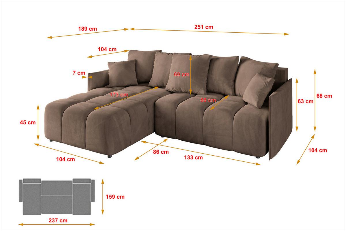 ECKSOFA Ottomane links LONLI-L 251x189x68 Braun Velours - Braun, Holzwerkstoff/Kunststoff (251/189cm) - ALTDECOR
