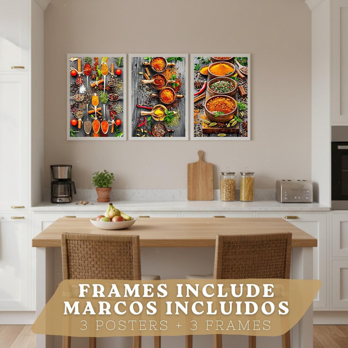 POSTER 3er Set Gewürze und Kräuter Wandbilder Aromatische Zutaten Food Fotografie Küche Esszimmer Deko Weißer Rahmen A4 - Weiß, Papier (29.7/1/21cm) - Nacnic