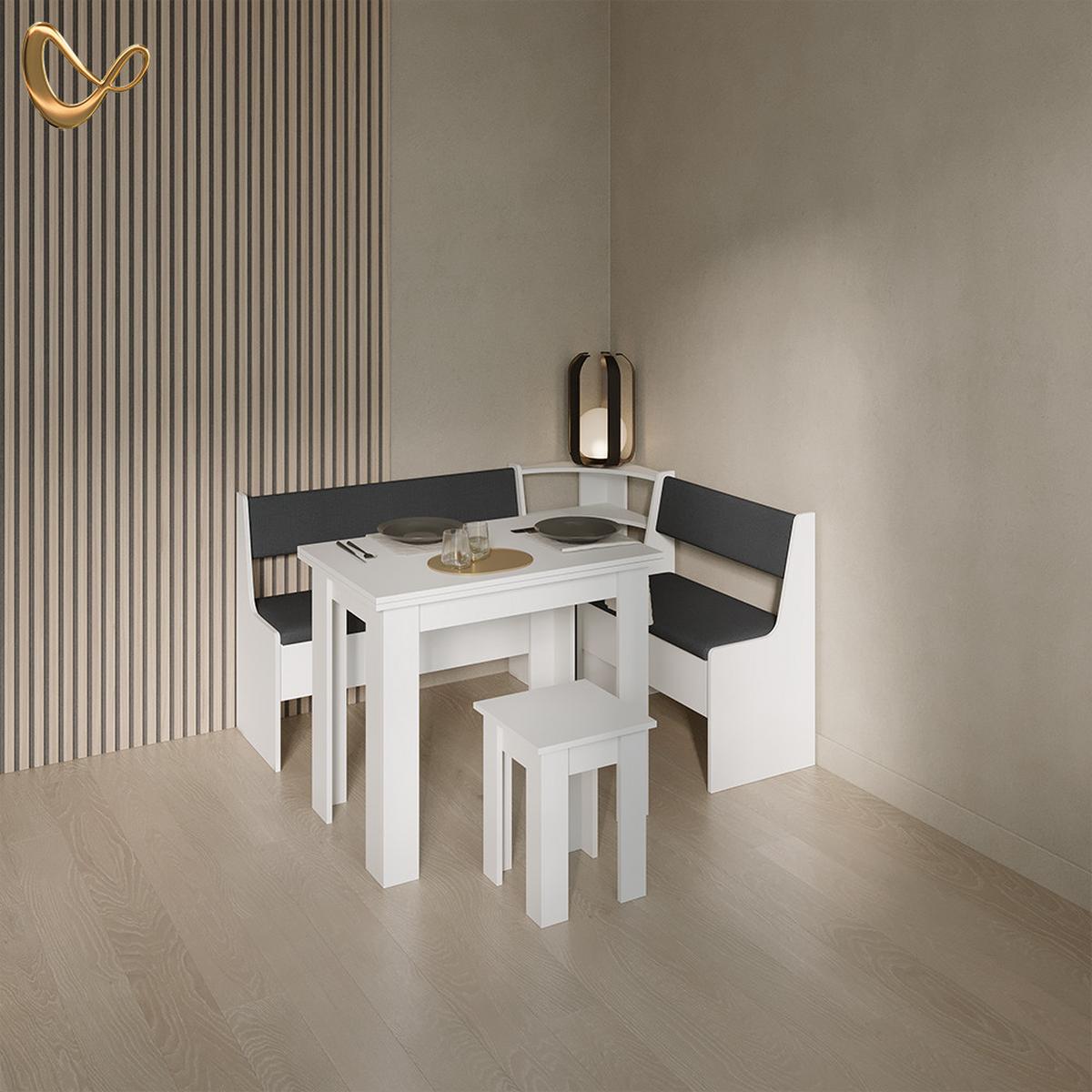 ECKBANKGRUPPE Tiberio Weiß 150 x 120 cm mit Tisch - Weiß, Holzwerkstoff (150/80/120cm) - Livinity®