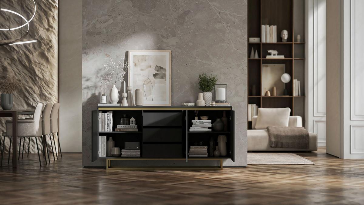 SIDEBOARD Selene 3D Schwarz Matt mit geriffelten Fronten Glamour 167 cm - Goldfarben/Schwarz, Holzwerkstoff/Metall (167/79/35cm) - Meble Lindner
