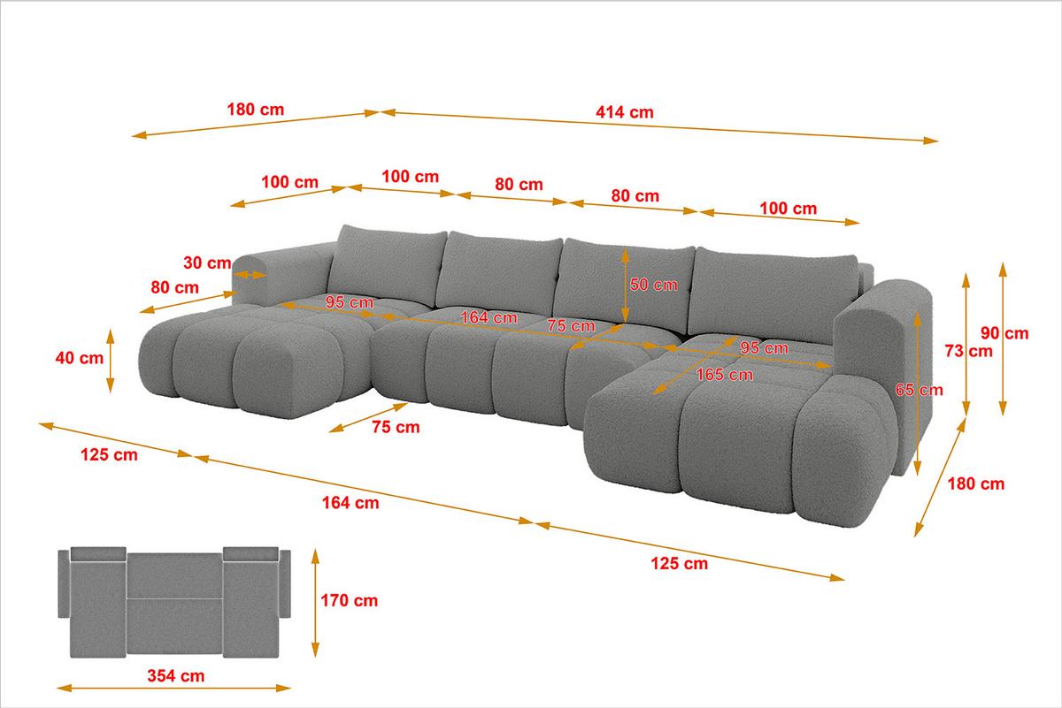 WOHNLANDSCHAFT CLOUD-U 405x185x90 Hellgrau Bouclé - Hellgrau, Holzwerkstoff/Kunststoff (405/90/185cm) - ALTDECOR