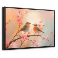 LEINWAND Bilder mit Rahmen - Rotkehlchen - Zierpflanze - Blütenzweig - 30x20 - Hellrosa, Textil (30/20cm) - MuchoWow