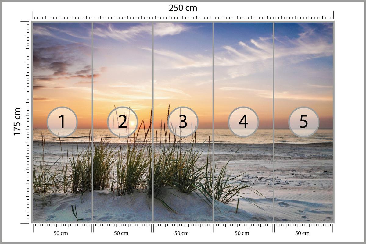 FOTOTAPETE Meer STRAND Dünen Sonnenuntergang Landschaft 3D 250x175cm - Beige/Violett, Papier (250/175cm) - Muralo