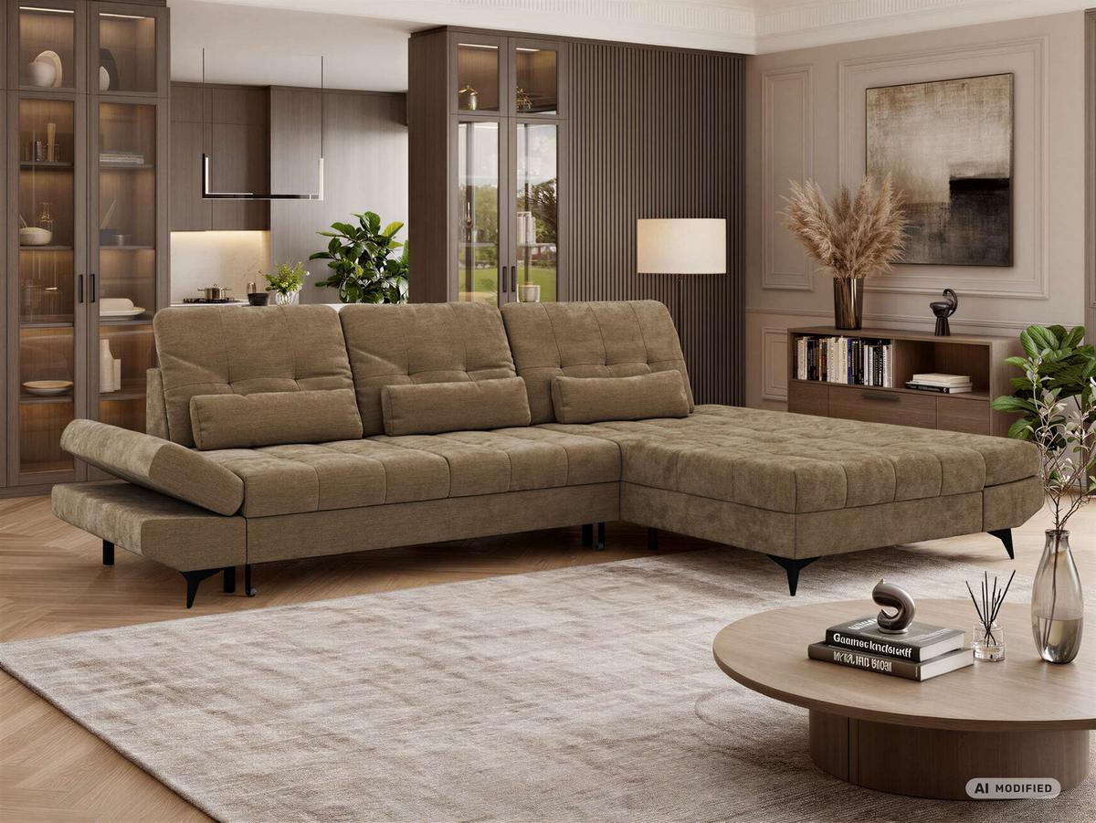 ECKSOFA ALVENO L - Hellbraun Schenille glatt - Rechts Seite - Hellbraun/Schwarz, Textil/Metall (344/218cm) - MKS