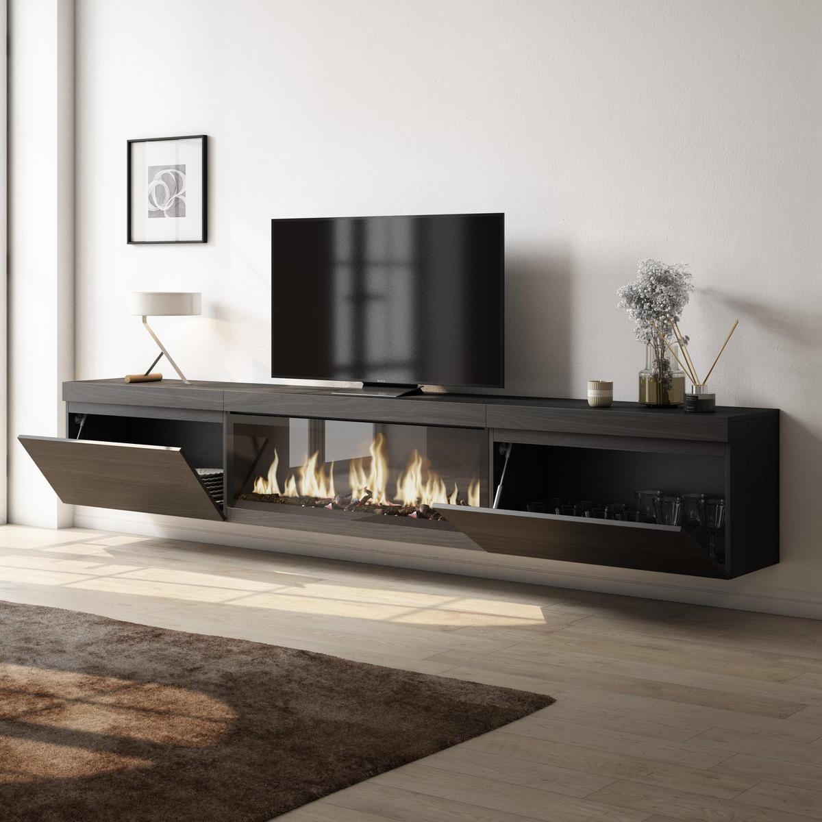 LOWBOARD, mit Elektrokamin XXL, Hängend, Schwarz, 267/35/45cm - Schwarz, Holzwerkstoff (267/45/35cm) - Skraut Home