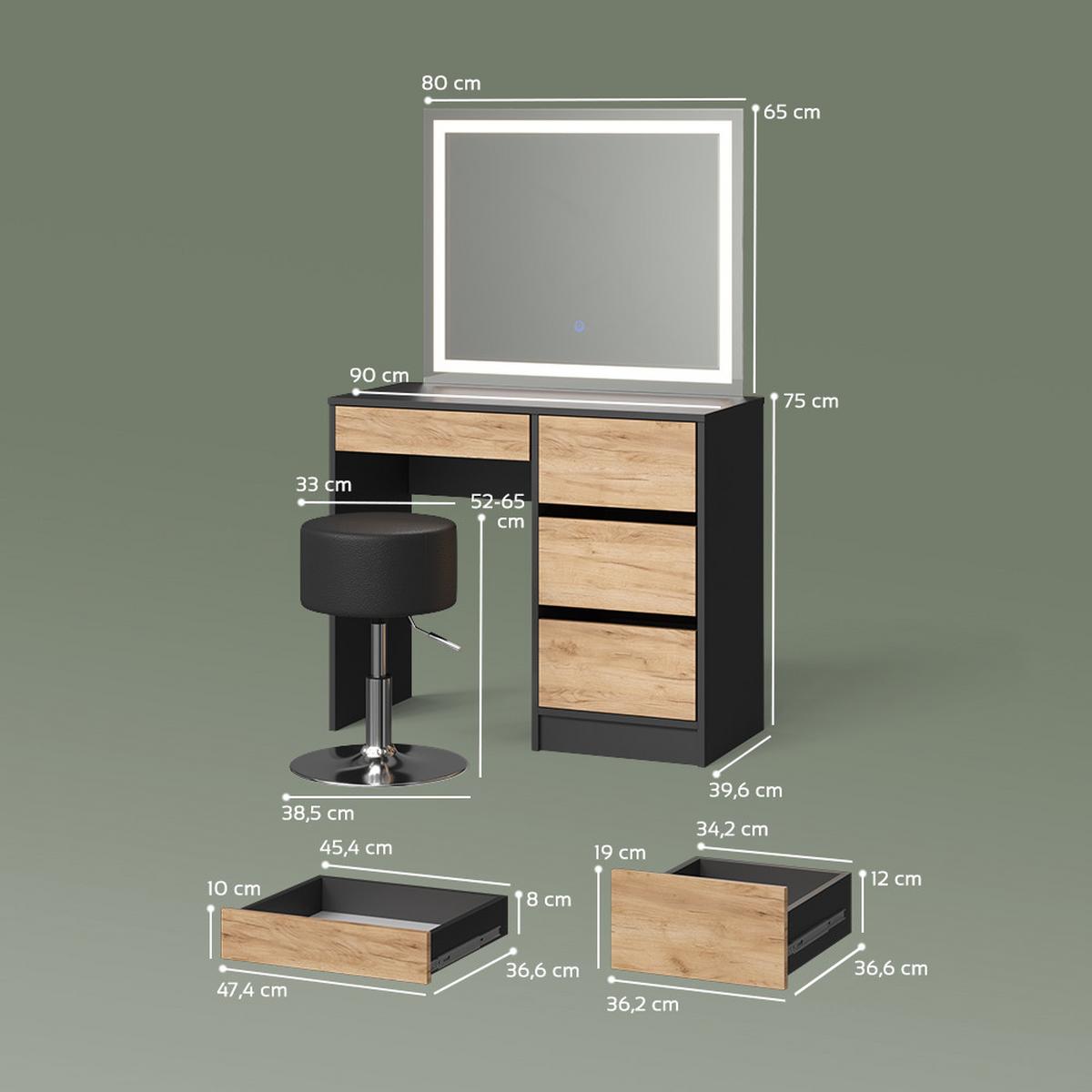 SCHMINKTISCH Imola Anthrazit/Goldkraft Eiche mit LED-Spiegel und Hocker - Honigeiche/Anthrazit, Holzwerkstoff (90/75/55cm) - Livinity®