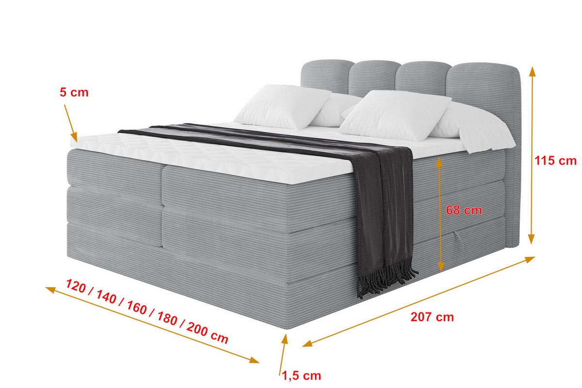 BOXSPRINGBETT mit Matratze H3/H4 - NINA KING - 180x200 cm Grau - Silberfarben, Holzwerkstoff (180/200cm) - ALTDECOR
