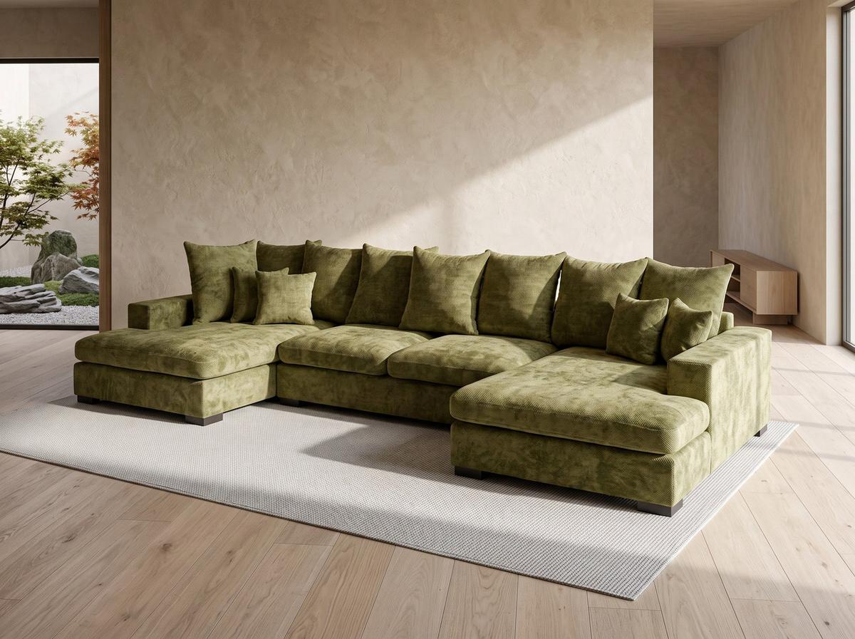 WOHNLANDSCHAFT Dahlia mit Schlaffunktion und Bettkasten in U-Form - Grün Chenille 373/92/155 cm - Schwarz/Grün, Kunststoff/Textil (373/92/155cm) - WFL GROUP