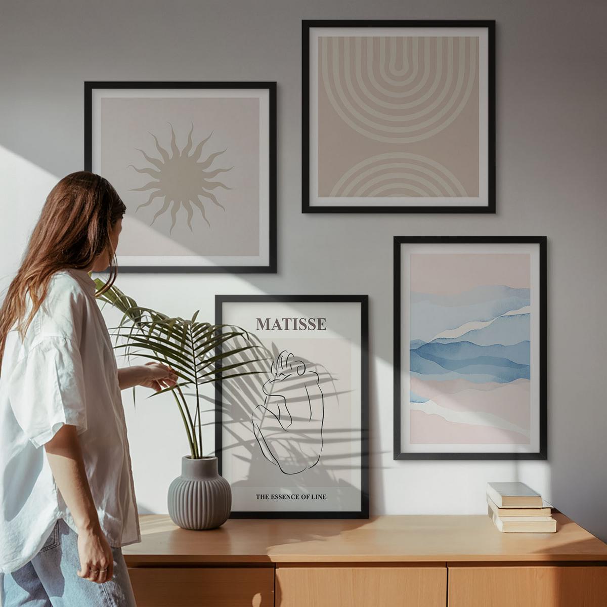 BILDER SET 4er Set - 50x50 cm & 40x60 cm Schwarzer Rahmen - Linien, Wellen, Pastellfarben, minimalistisch - Schwarz, Kunststoff (50/50cm) - TULUP
