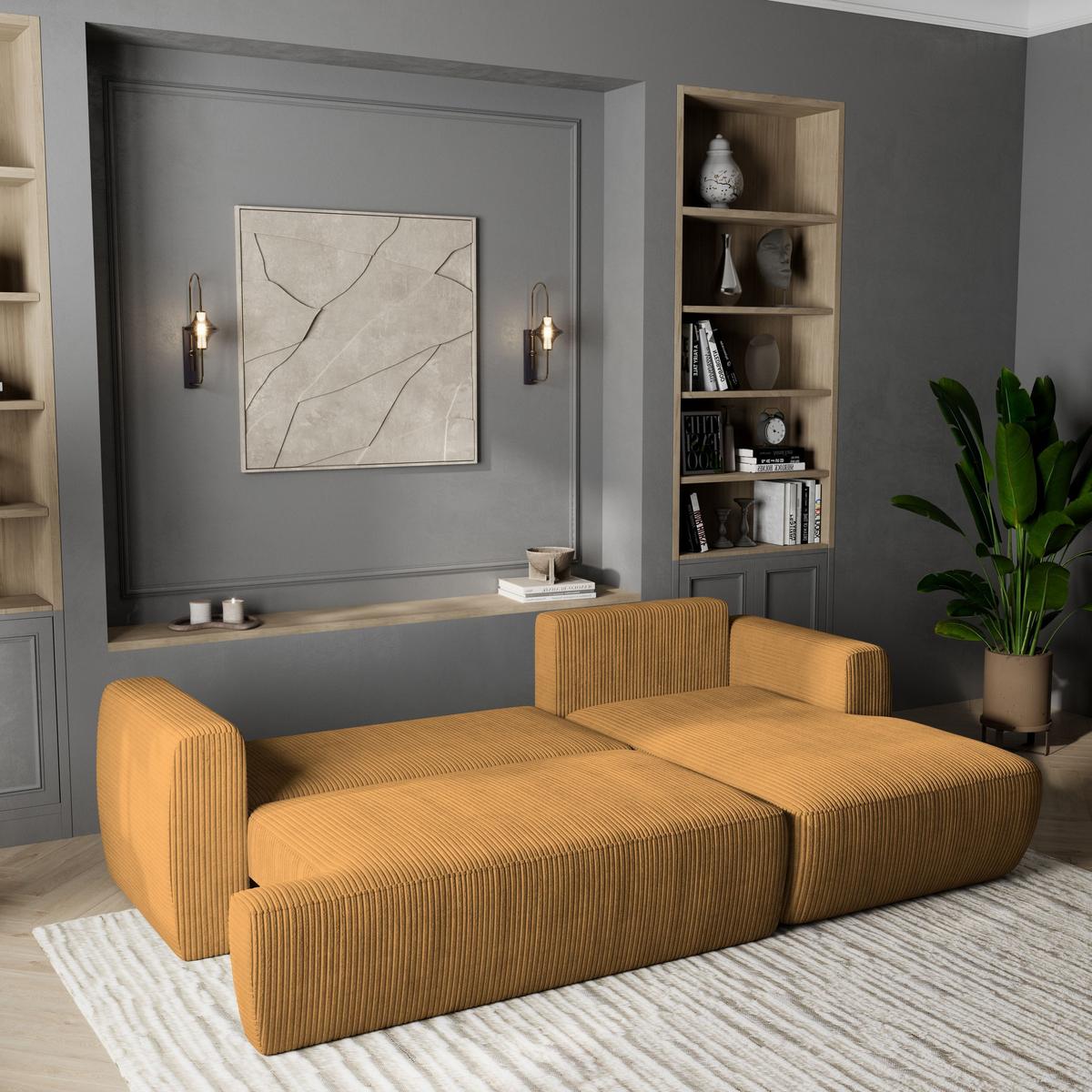 ECKSOFA SENTI P R-S Gelb Kordstoff mit Schlaffunktion - Gelb/Schwarz, Holz/Kunststoff (246/148cm) - MASSENO