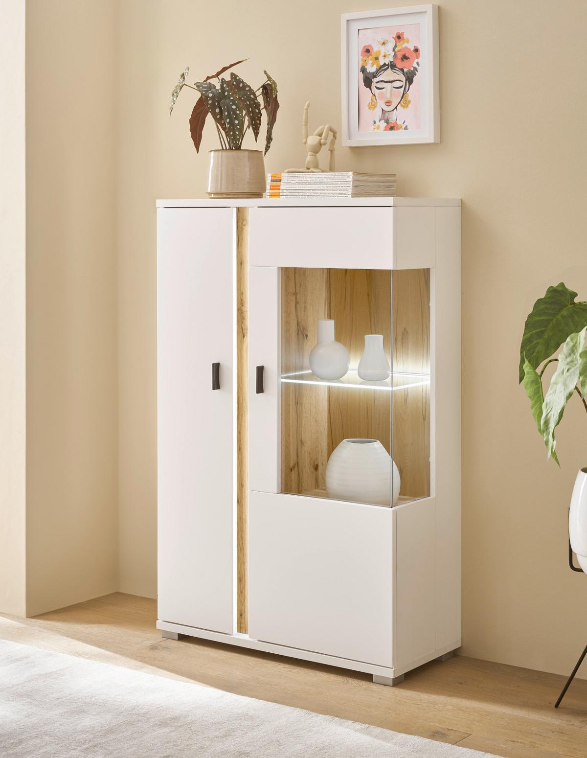 VITRINE weiß matt, Eiche Wotan 80 x 125 cm, Highboard inklusive Frontbeleuchtung - Eiche Wotan/Silberfarben, Glas/Holzwerkstoff (80/125/35cm) - Furn.Design