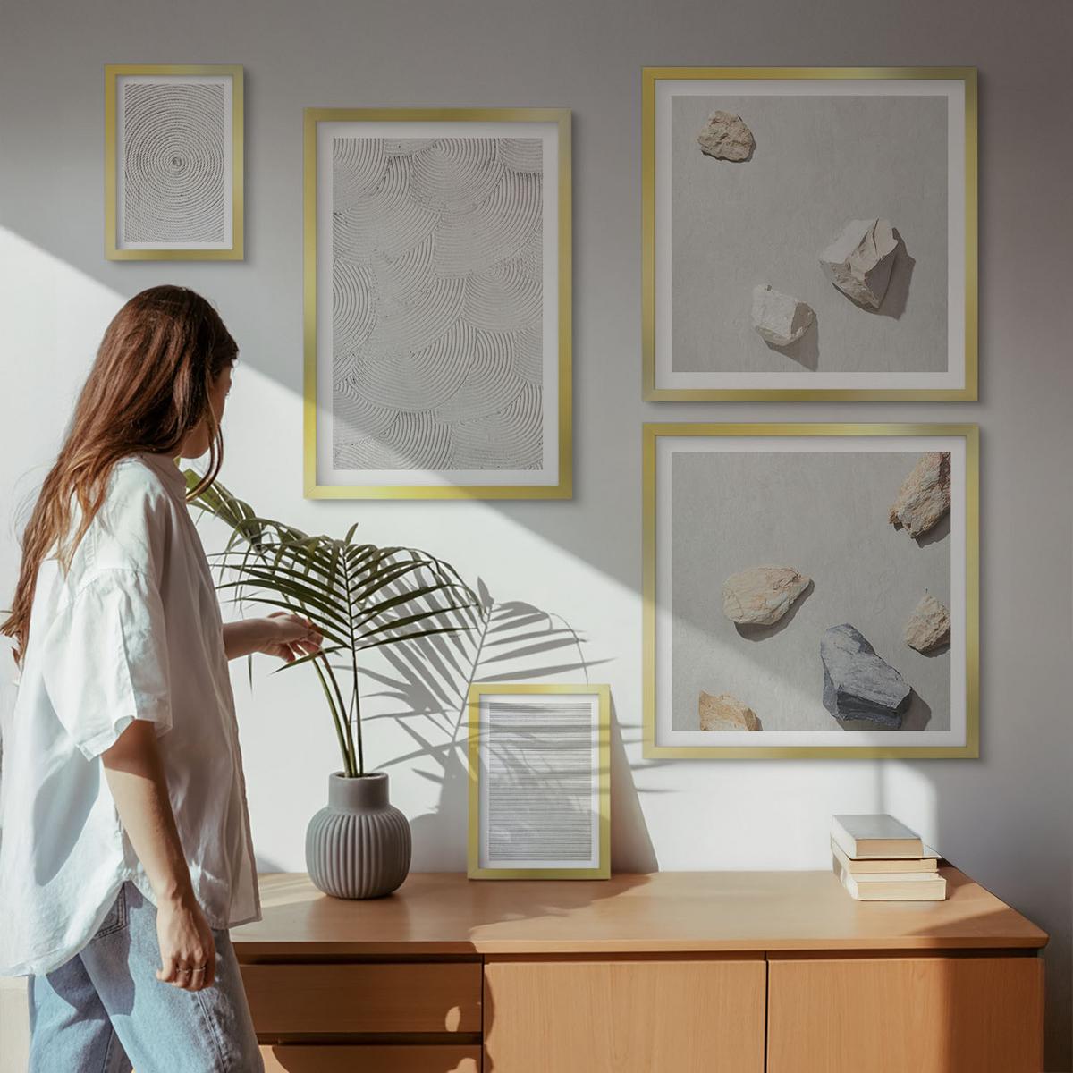 BILDER SET 5er Set - 50x50 cm & 20x30 cm & 40x60 cm Goldrahmen - Geometrische Pappsteine - Goldfarben, Kunststoff (40/60cm) - TULUP