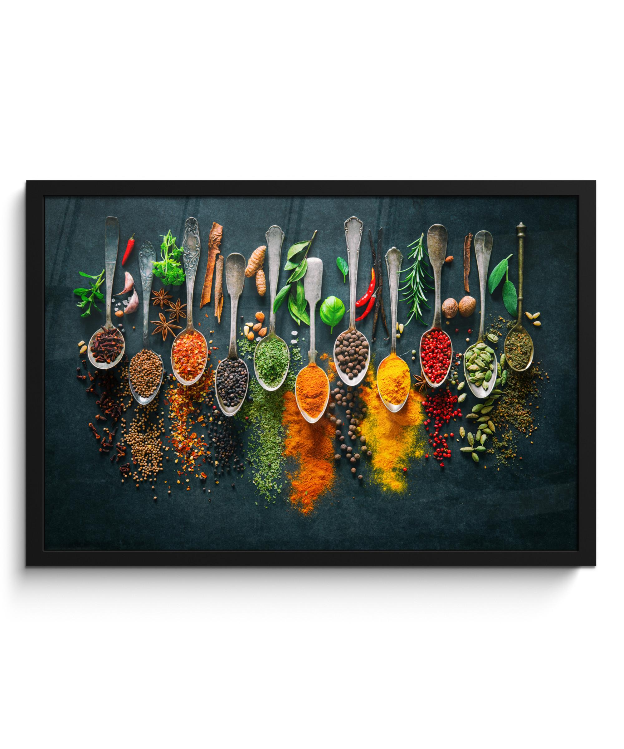 POSTER MIT RAHMENGERAHMTES BILD Kräuter - Gewürze - Löffel 60x40 cm - Currygelb, Papier (60/40cm) - MuchoWow