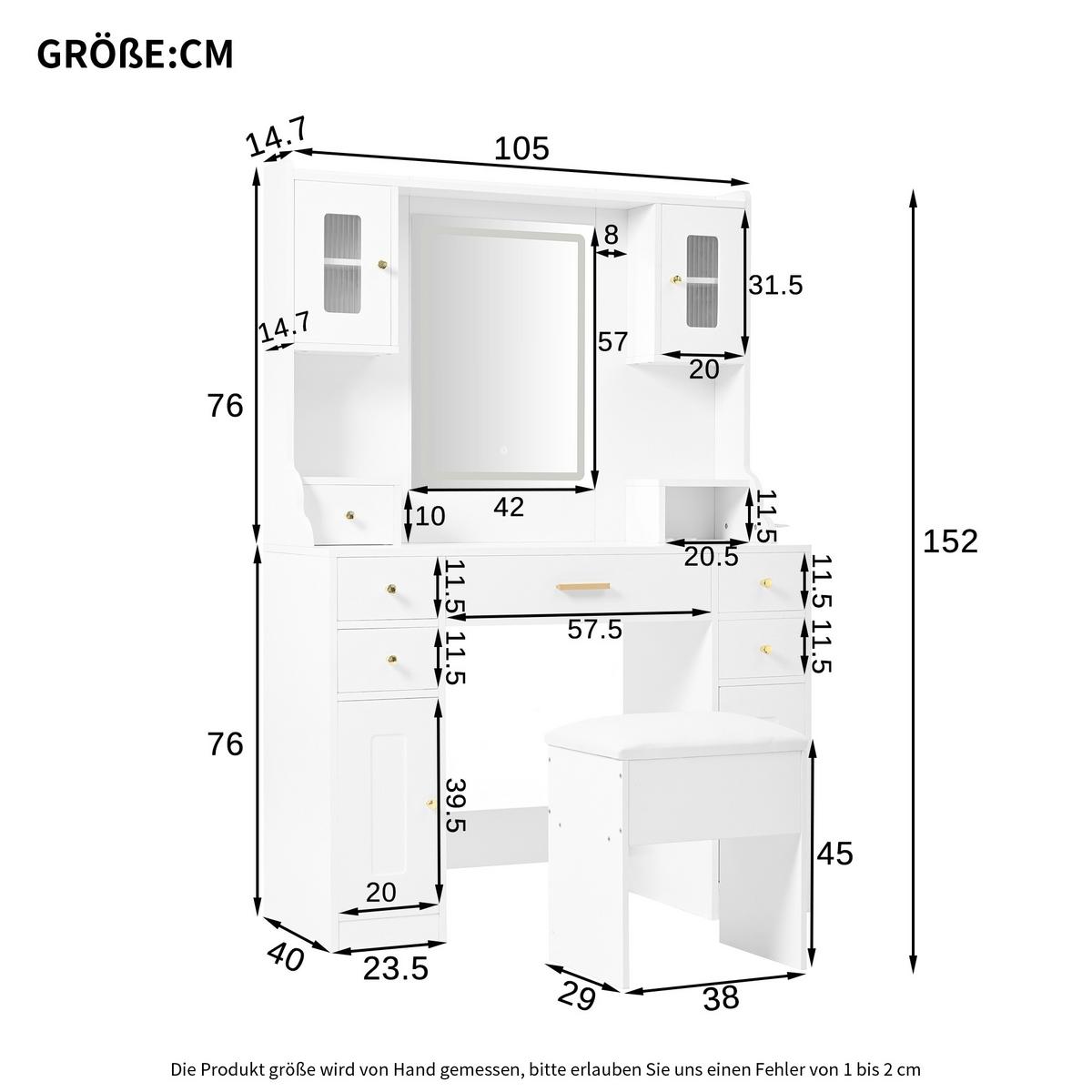 SCHMINKTISCH Weiß mit LED-Spiegel, Steckdosen & Hocker - Weiß, Holzwerkstoff (105/152/40cm) - Urban Meuble