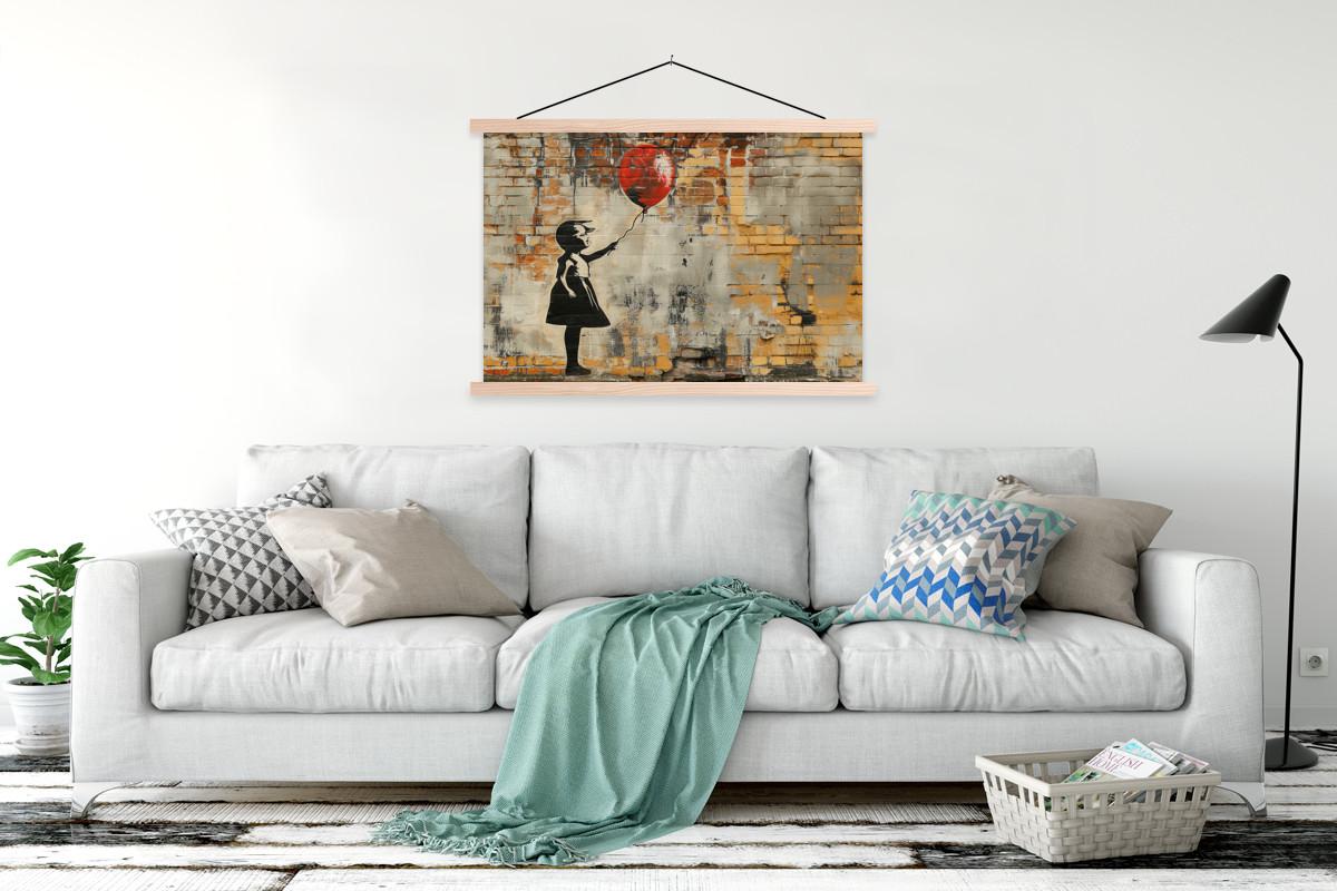 POSTER MIT MAGNETLEISTEN Graffiti - Banksy - Mädchen - Straßenkunst Magnetleiste 120x80 cm - Sandfarben, Textil (120/80/0.15cm) - MuchoWow