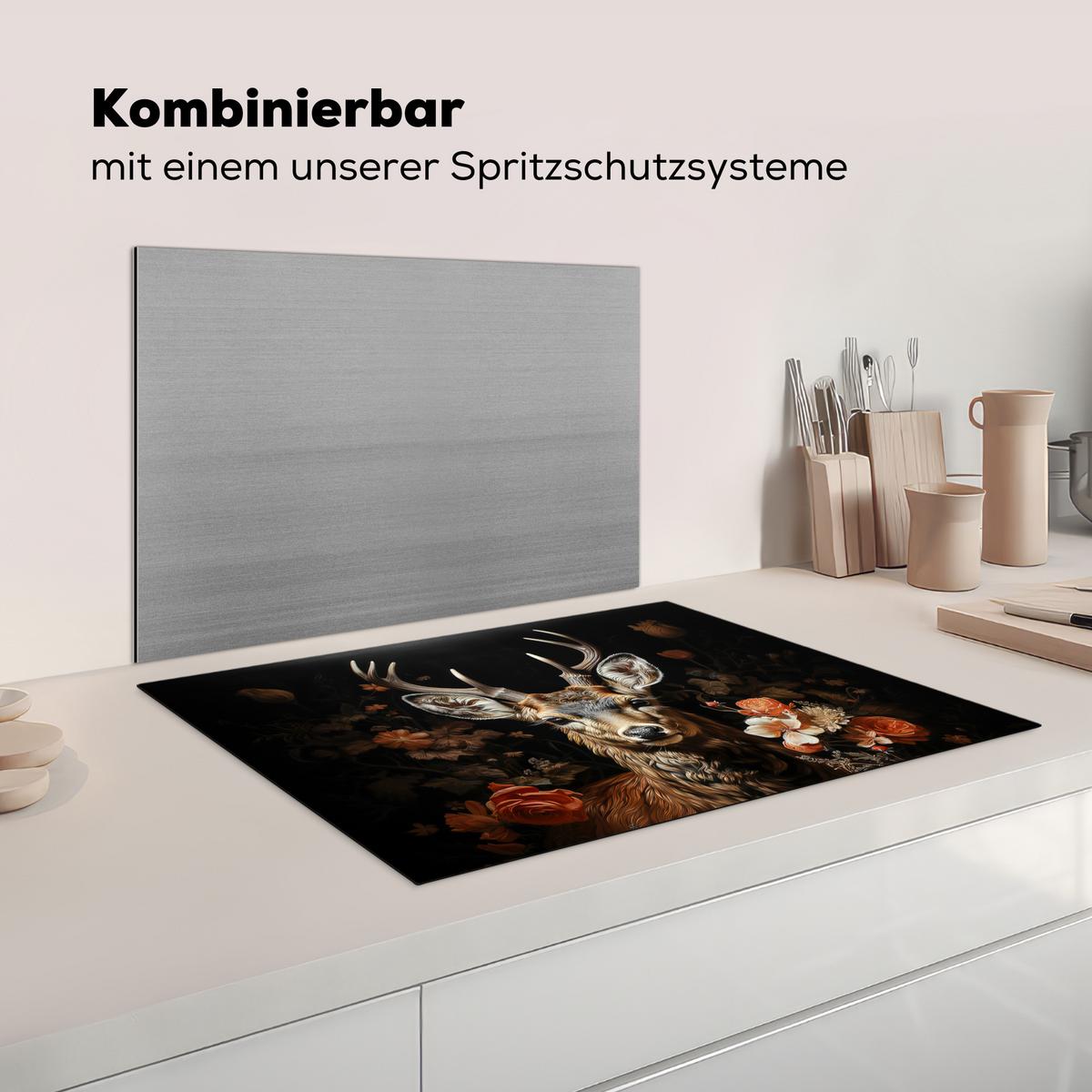 HERDABDECKPLATTE Hirsch - Tier - Blumen - Natur - Botanisch Herdabdeckung Induktionsfeld 75x52 cm - Kupferfarben, Kunststoff (75/52/0.2cm) - MuchoWow