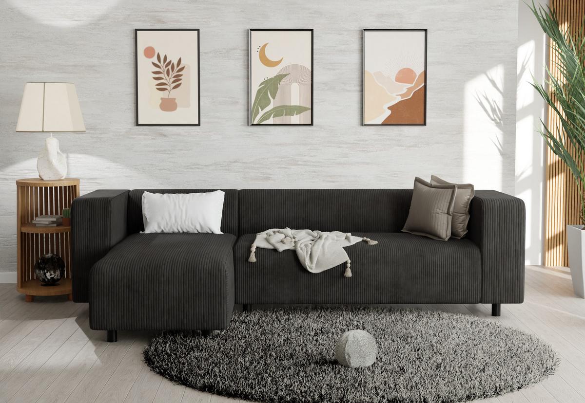 ECKSOFA Tove Schwarz Cord - Ottomane links - Schwarz, Holz/Kunststoff (240/142cm) - S-Style Möbel
