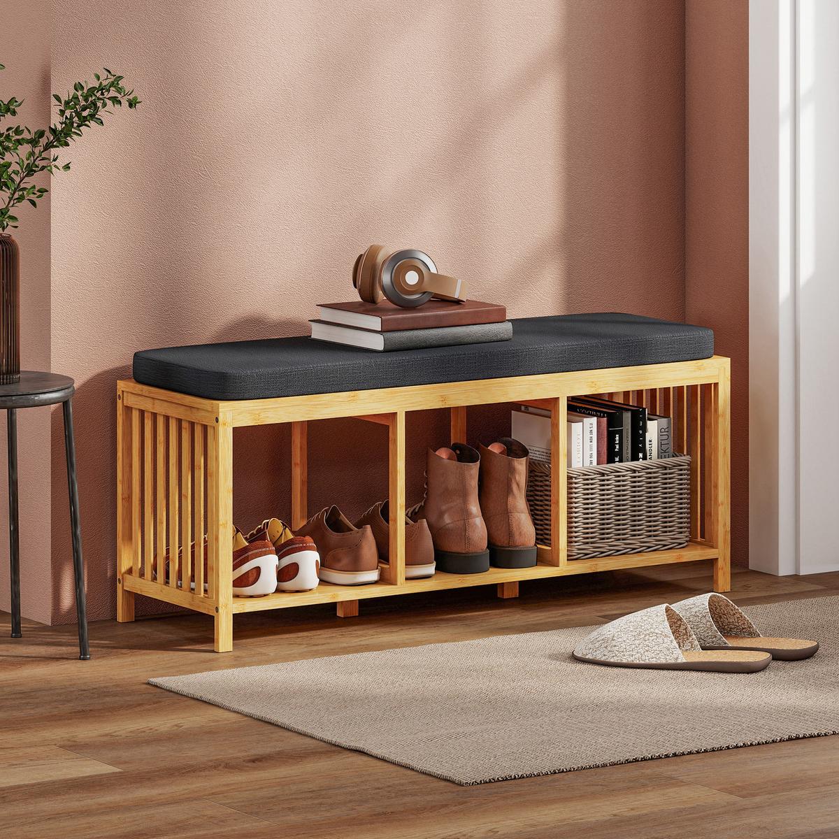 SCHUHBANK Bambus Polyester Naturholz - Naturfarben, Holz (102/45/33cm) - HOMCOM