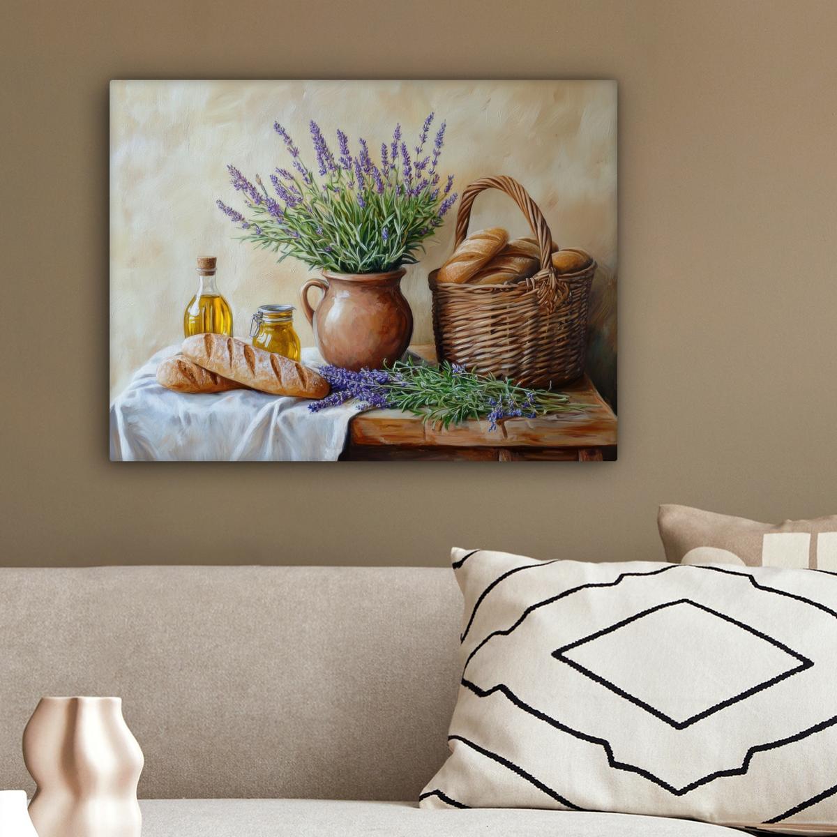 LEINWANDBILD Lavendel - Brot - Stilleben Wandbild 40x30 cm - Flieder, Textil (40/30cm) - MuchoWow