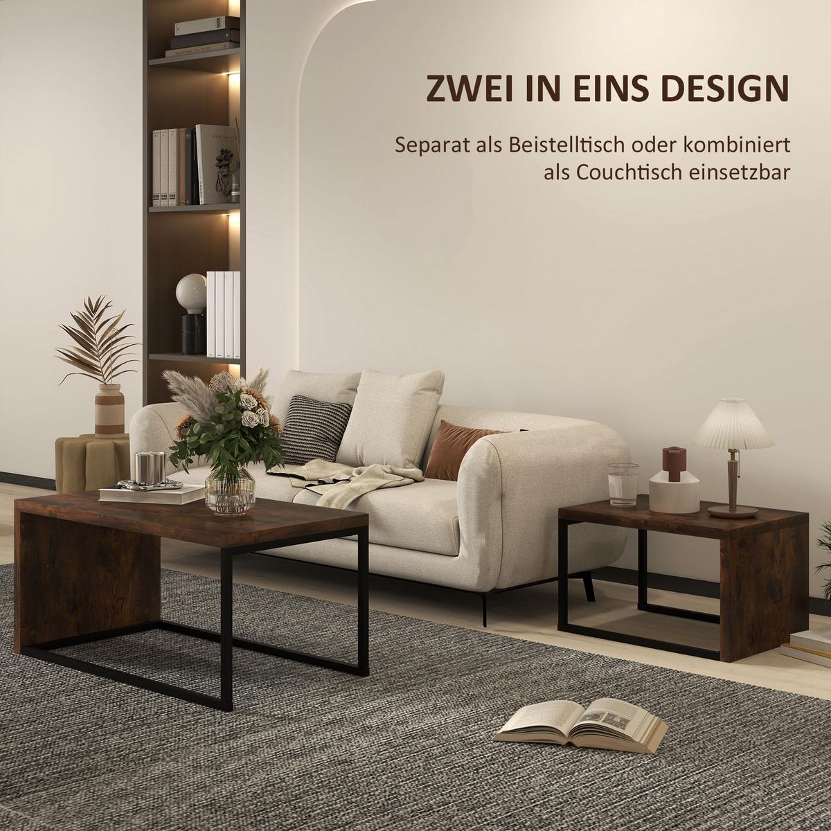 2ER-SET Beistelltisch, Kaffeetisch, multifunktional, Spanplatte, Schwarz+Braun - Braun, Metall (90/48/42cm) - HOMCOM