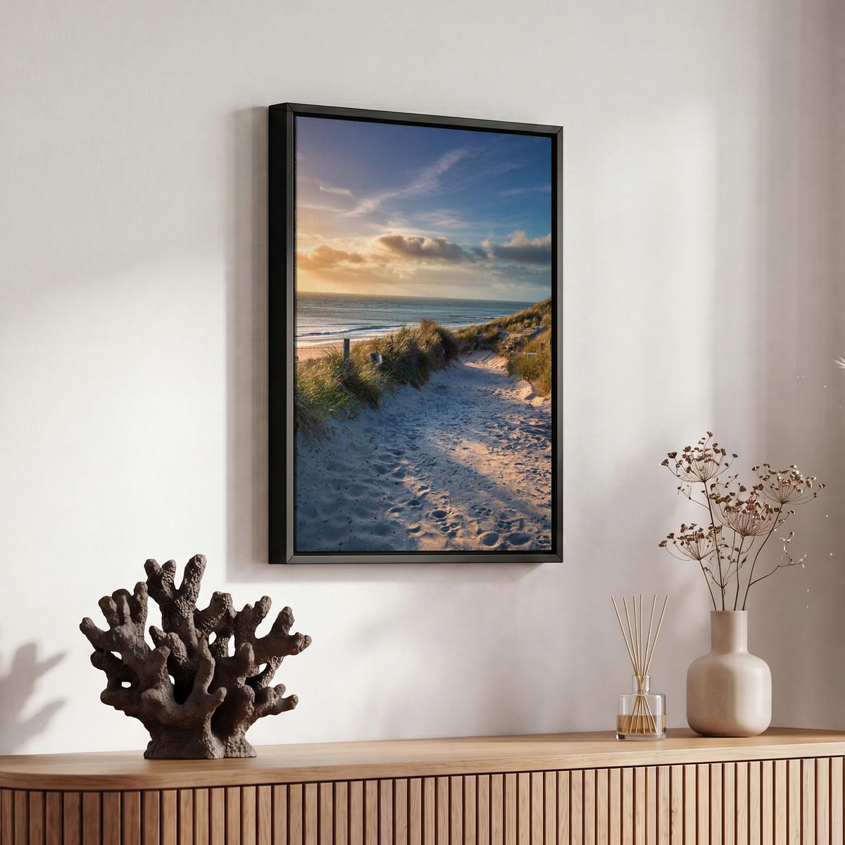 LEINWAND Bilder mit Rahmen - Sonnenuntergang - Strand - Düne - Gras - Ufer - 20x30 - Sandfarben, Textil (20/30cm) - MuchoWow