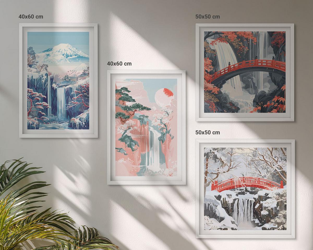 BILDER SET 4er Set - 50x50 cm & 40x60 cm Weißer Rahmen - Wasserfälle, Berge, Brücken, Bäume - Weiß, Kunststoff (50/50cm) - TULUP