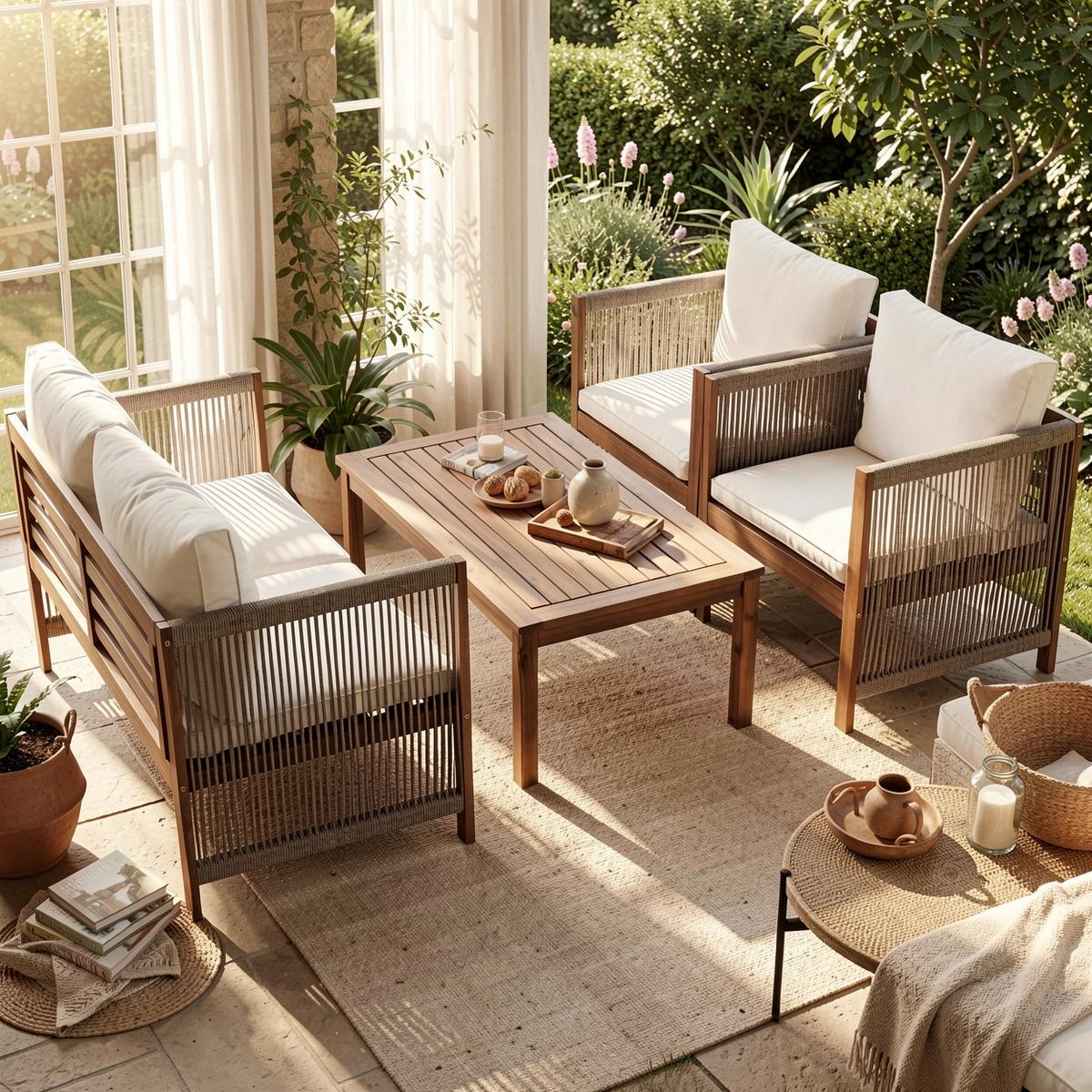 LOUNGEGARNITUR 4-tlg. Akazie & Seil Beige Gartensofa mit Tisch, 2 Sesseln & Kissen - Beige, Textil - Urban Meuble