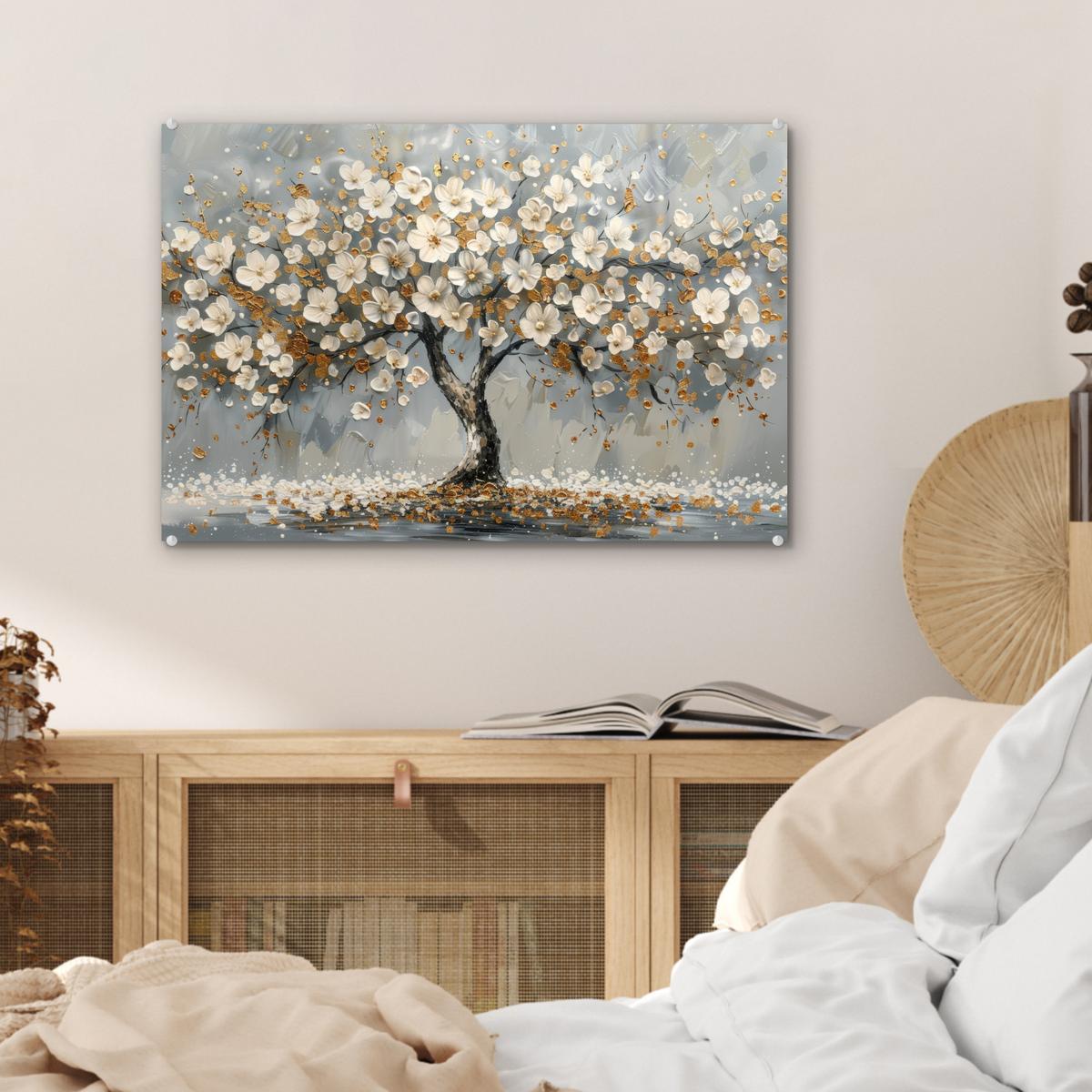ACRYLGLASBILD Baum - Blumen - Weiß - Natur - Kunst Wanddeko 60x40 cm - Weiß, Glas (60/40cm) - MuchoWow