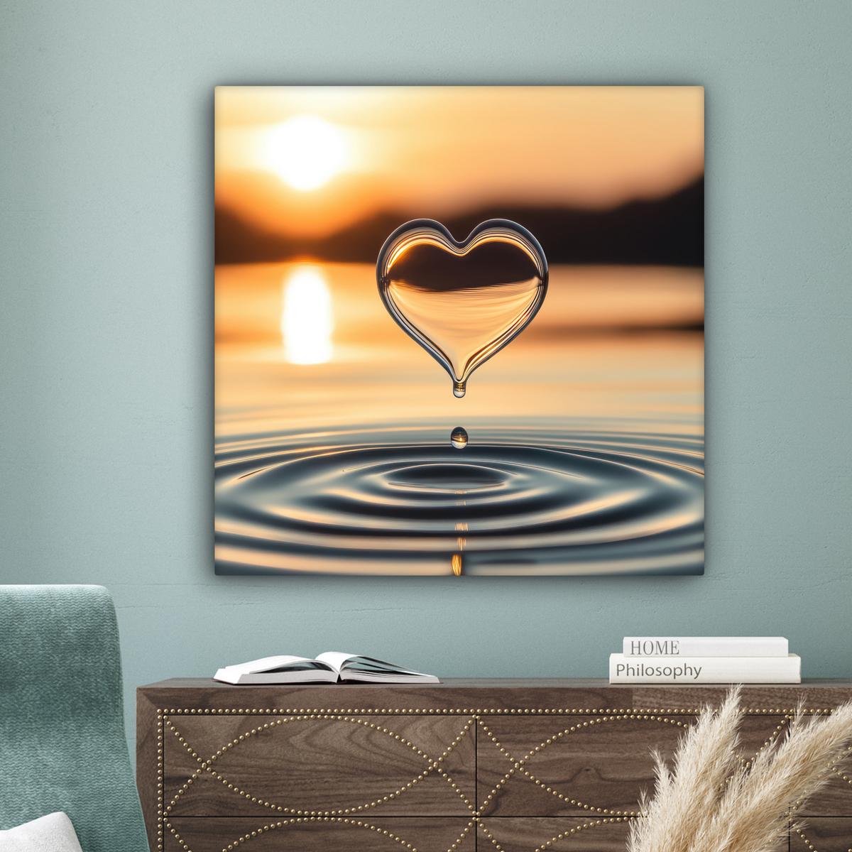 LEINWANDBILD Herz - Wasser - Sonnenuntergang - Natur - Zen Deko Groß 90x90 cm - Bernsteinfarben, Textil (90/90cm) - MuchoWow
