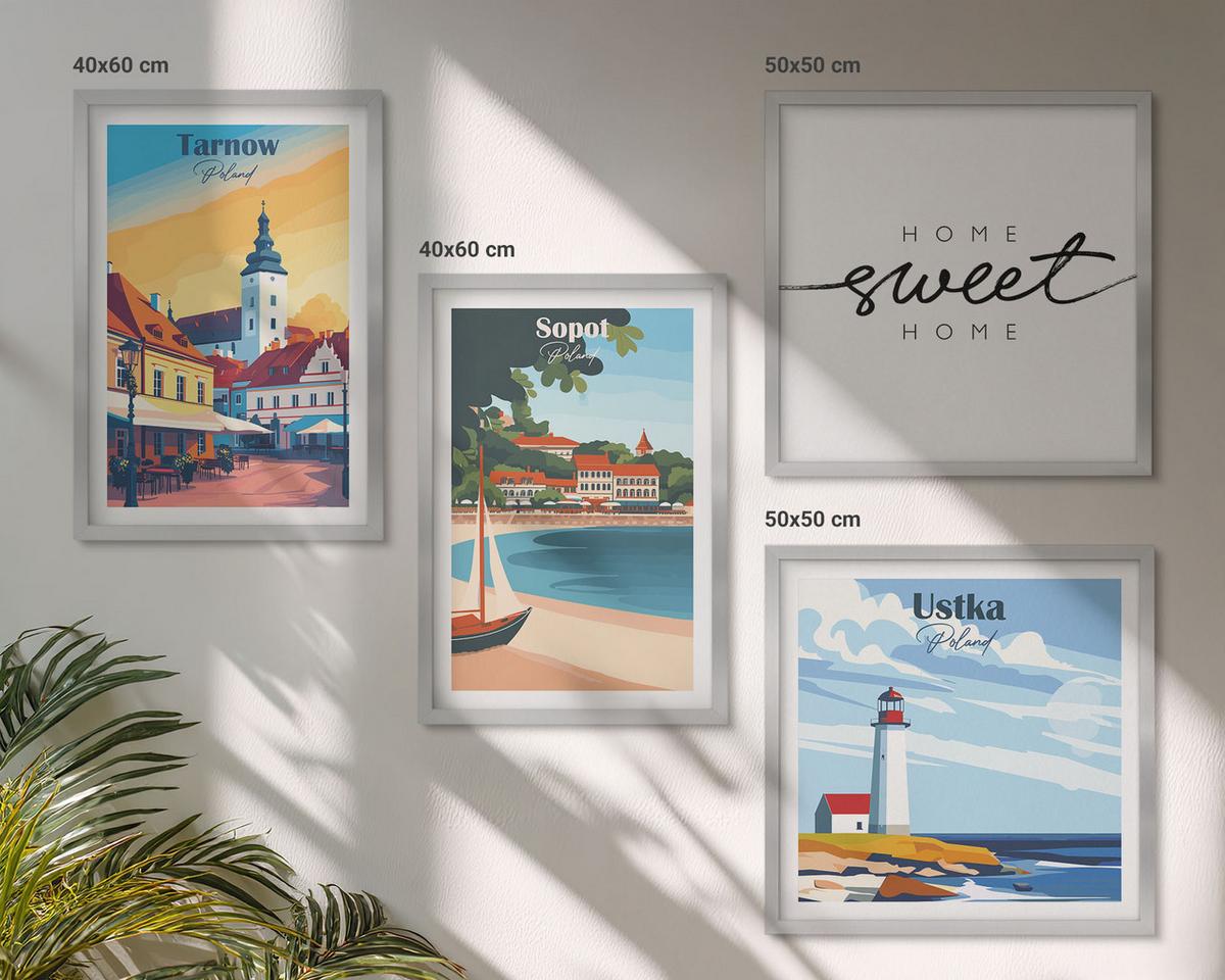 BILDER SET 4er Set - 50x50 cm & 40x60 cm Silberner Rahmen - Polnische Städte Ustka Tarnów Sopot - Silberfarben, Kunststoff (50/50cm) - TULUP