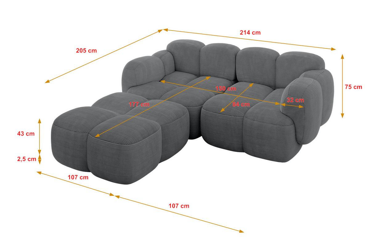 ECKSOFA modulares Sofa Links Miko-L1 214x205x75 Dunkelgrau Cord - Graphitfarben/Schwarz, Holzwerkstoff/Kunststoff (214/205cm) - ALTDECOR