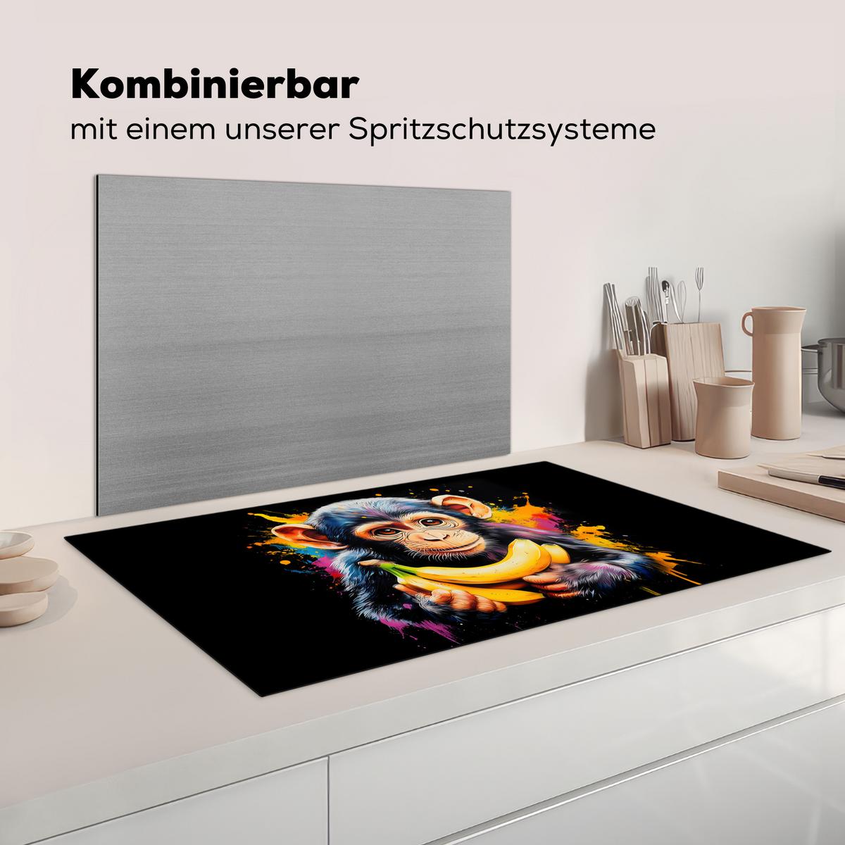 HERDABDECKPLATTE Affe - Graffiti - Farbenfroh - Bananen - Modern Ceranfeldabdeckung 90x52 cm - Gelb, Kunststoff (90/52/0.2cm) - MuchoWow