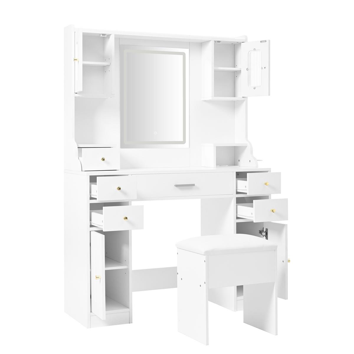 SCHMINKTISCH Weiß mit LED-Spiegel, Steckdosen & Hocker - Weiß, Holzwerkstoff (105/152/40cm) - Urban Meuble