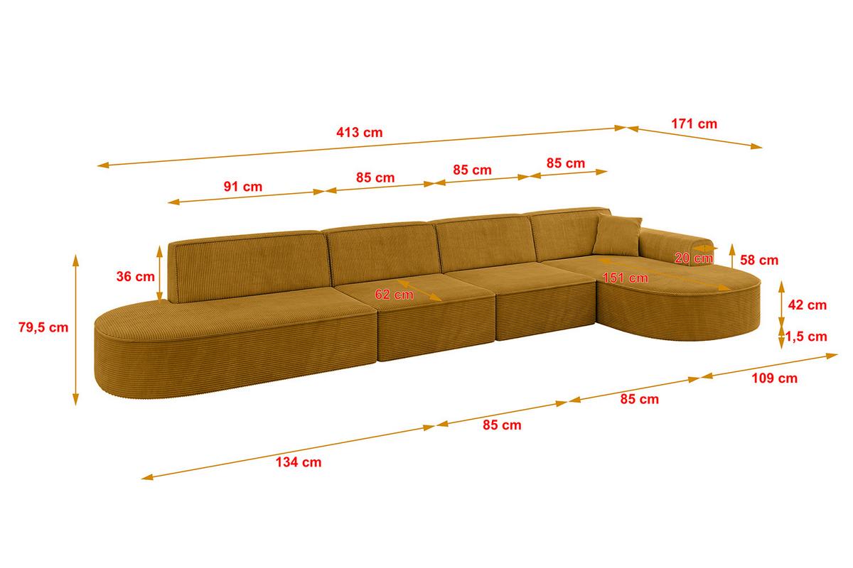 ECKSOFA Ottomane Rechts MARI-L3 - 413x171x79 cm Senfgelb Cord - Gelb/Schwarz, Holzwerkstoff/Kunststoff (171/413cm) - ALTDECOR