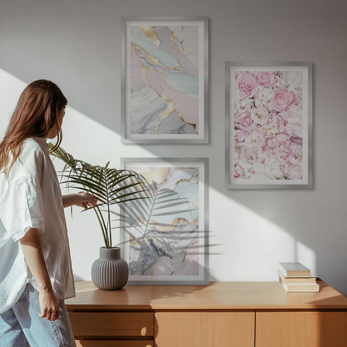 BILDER SET 3er Set - 40x60 cm Silberner Rahmen - Rosa Blumen Marmor Pastell - Silberfarben, Kunststoff (40/60cm) - TULUP