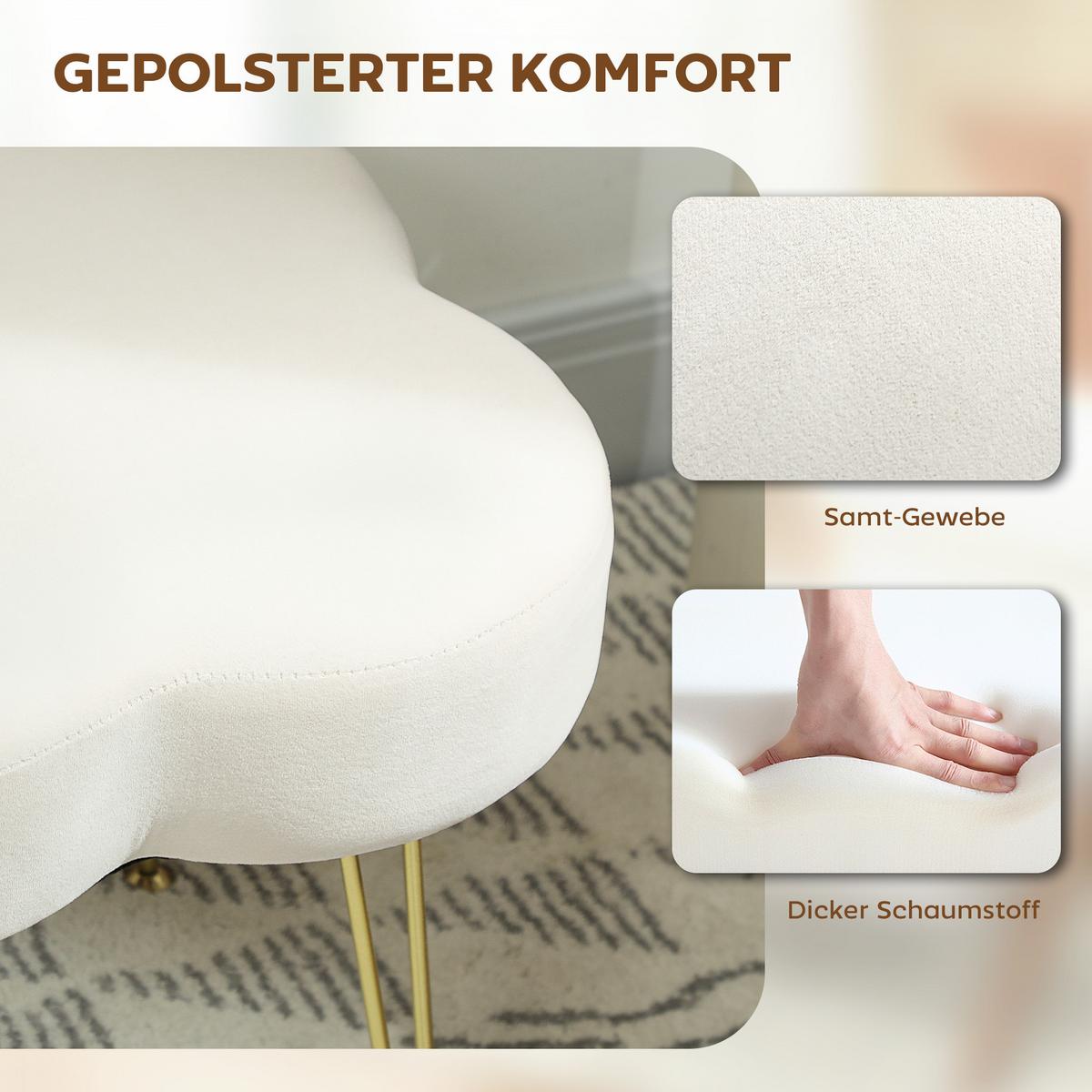 HOCKER Sitzhocker in Kleeblattform mit Stahlbeinen Fußhocker mit Samtoptik Creme - Weiß, Textil (41/40/41cm) - HOMCOM