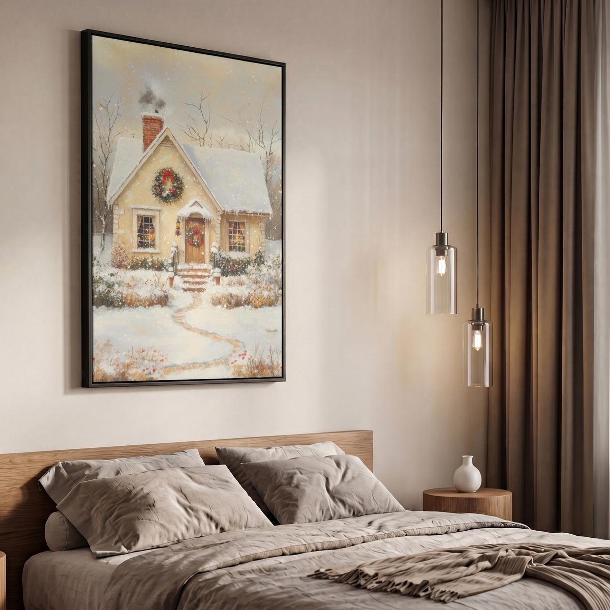 LEINWAND Bilder mit Rahmen - Weihnachten - Zuhause - Winter - Schnee - 60x90 - Creme, Textil (60/90cm) - MuchoWow