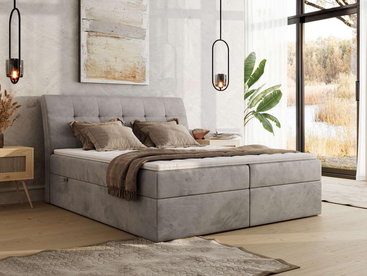BOXBETT DAGOS 120/200 - Hellgrau Velvet - H3 - Topper Visco - Hellgrau, Textil (120/200cm) - MKS