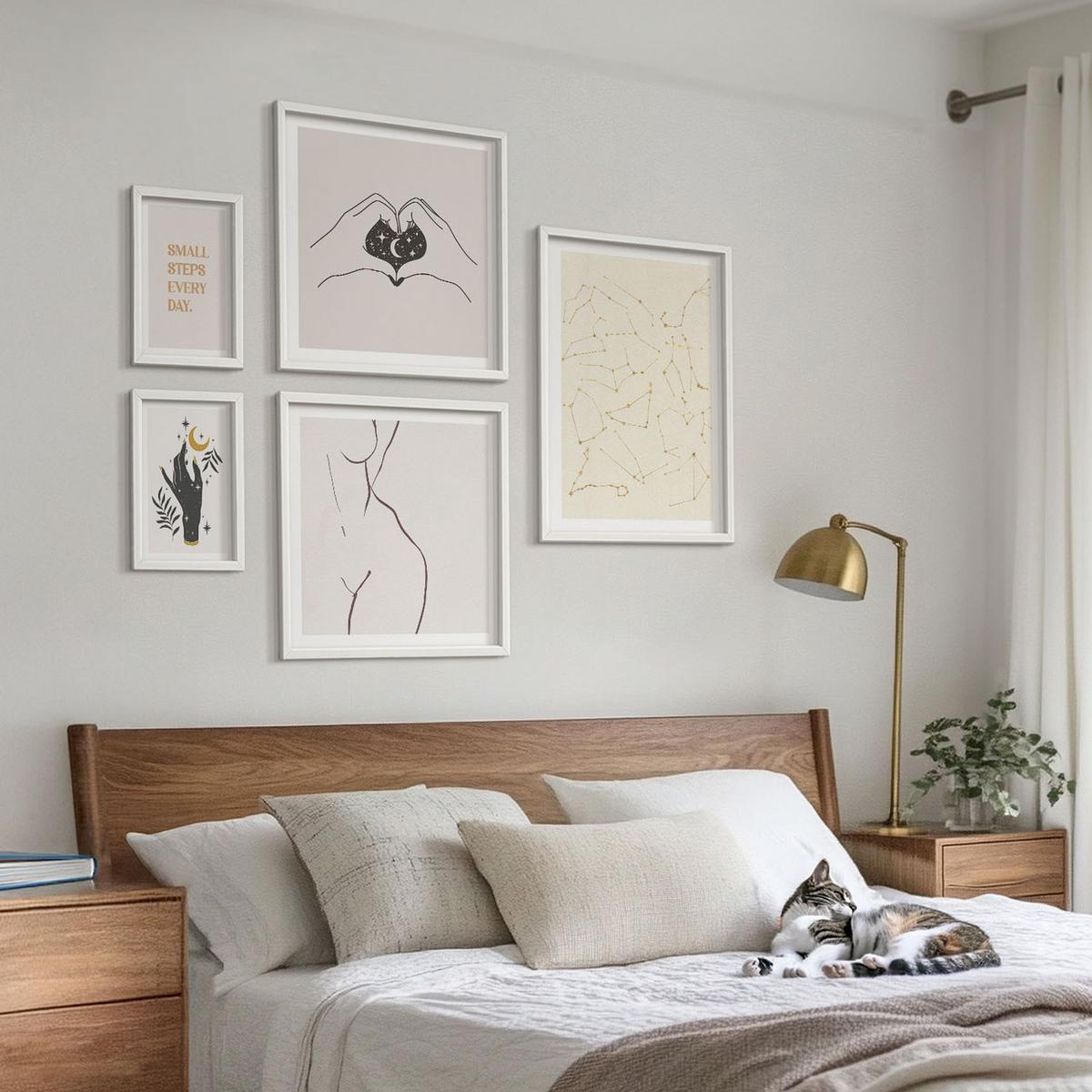 BILDER SET 5er Set - 50x50 cm & 20x30 cm & 40x60 cm Weißer Rahmen - Minimalistische Boho-Illustrationen - Weiß, Kunststoff (40/60cm) - TULUP