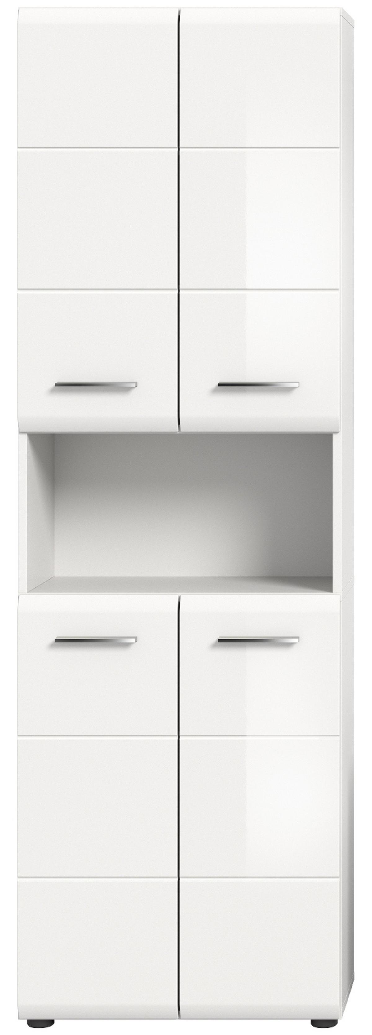 HOCHSCHRANK weiß Hochglanz, 4-türiger Badschrank 60 x 185 cm mit viel Stauraum - Weiß Hochglanz/Silberfarben, Holzwerkstoff/Kunststoff (60/185/30cm) - Inn.Furn