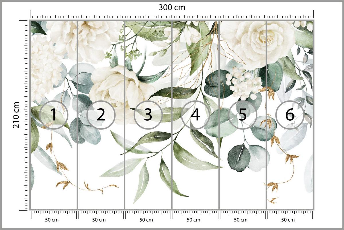 FOTOTAPETE für Schlafzimmer Aquarell Weiße Blumen Pfingstrosen Blätter Natur 300x210 - Creme/Weiß, Papier (300/210cm) - Muralo