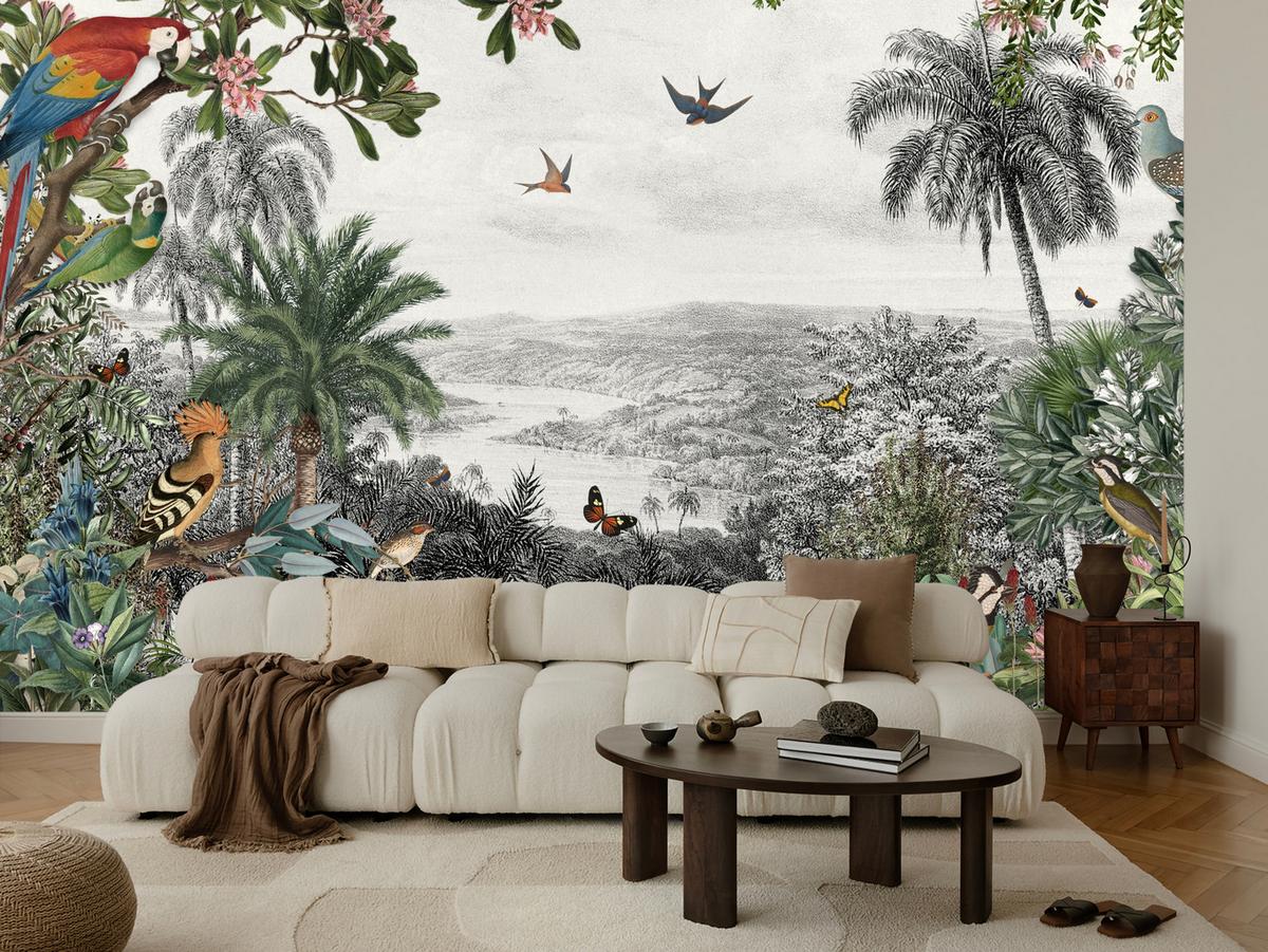 FOTOTAPETE für Wohnzimmer Tropenpapageien Vögel Palmen 250x175 - Gelb/Rot, Papier (250/175cm) - Muralo