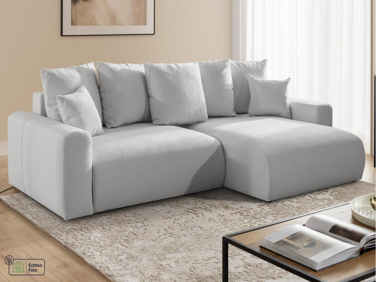 ECKSOFA Calma mit Schlaffunktion und Bettkasten im Bumpy-Design aus weichem Grau Webstoff - Ottomane rechts - Schwarz/Grau, Holz/Kunststoff (140/239cm) - S-Style