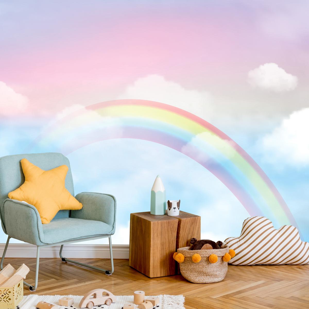 FOTOTAPETE für Schlafzimmer Regenbogen Rosa Himmel Wolken 150x105 - Blau/Gelb, Papier (150/105cm) - Muralo