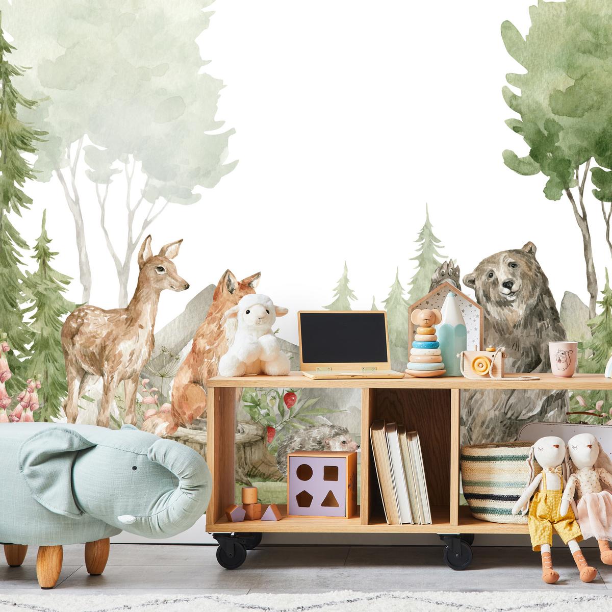 FOTOTAPETE für Kinderzimmer Aquarell Waldtiere Fuchs Reh Tragen 100x70 - Multicolor, Papier (100/70cm) - Muralo