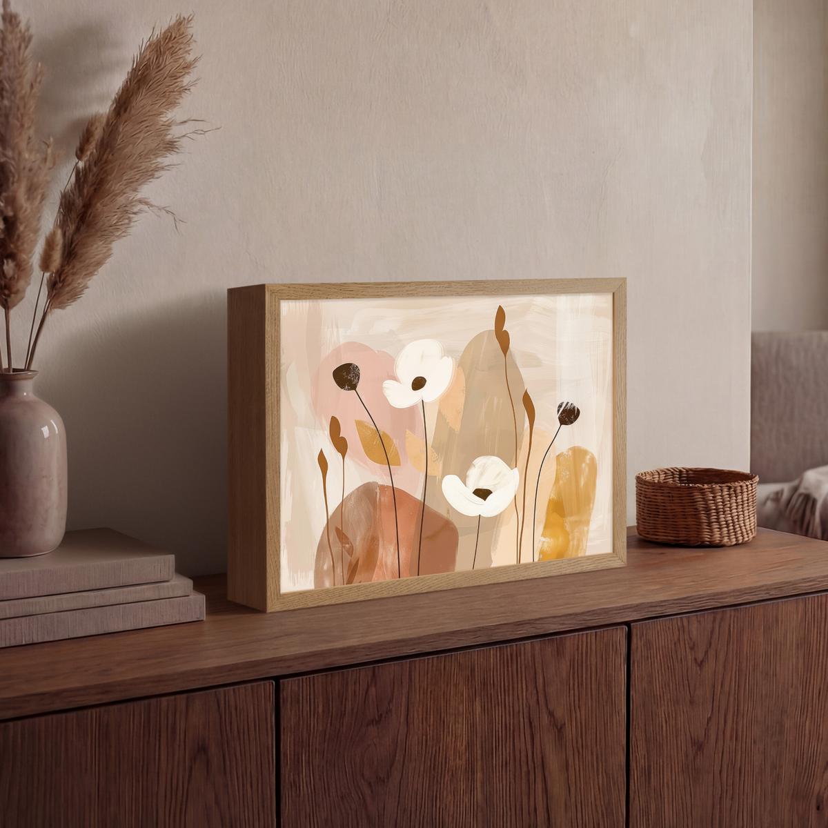 WANDLEUCHTE MIT AKKU Blumen - Abstrakt - Beige - Strichzeichnung 40x30 cm - Sandfarben, Holzwerkstoff (40/30/8cm) - OnlyWow