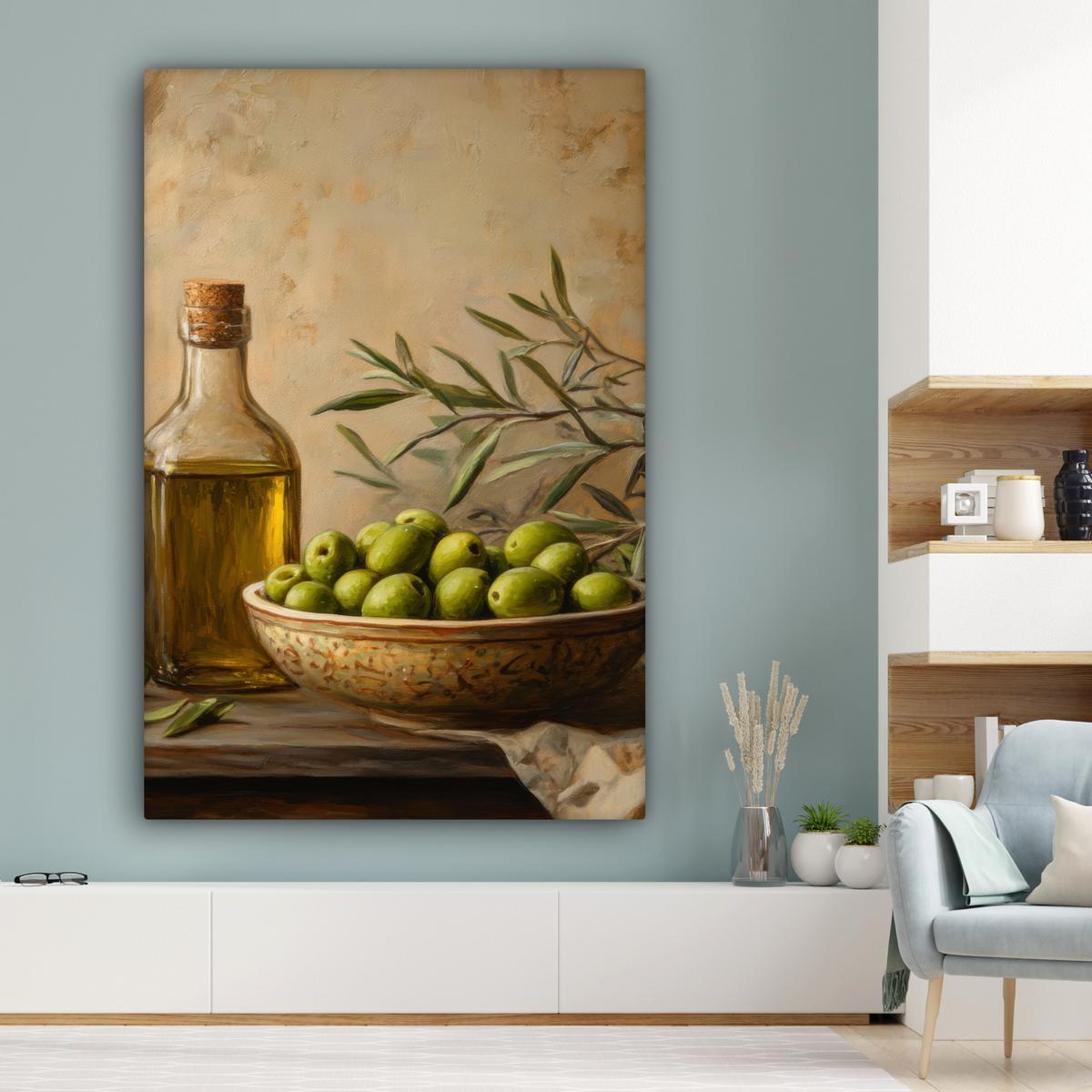 LEINWANDBILD Oliven - Stilleben - Vintage Deko Groß 90x140 cm - Olivgrün, Textil (90/140cm) - MuchoWow
