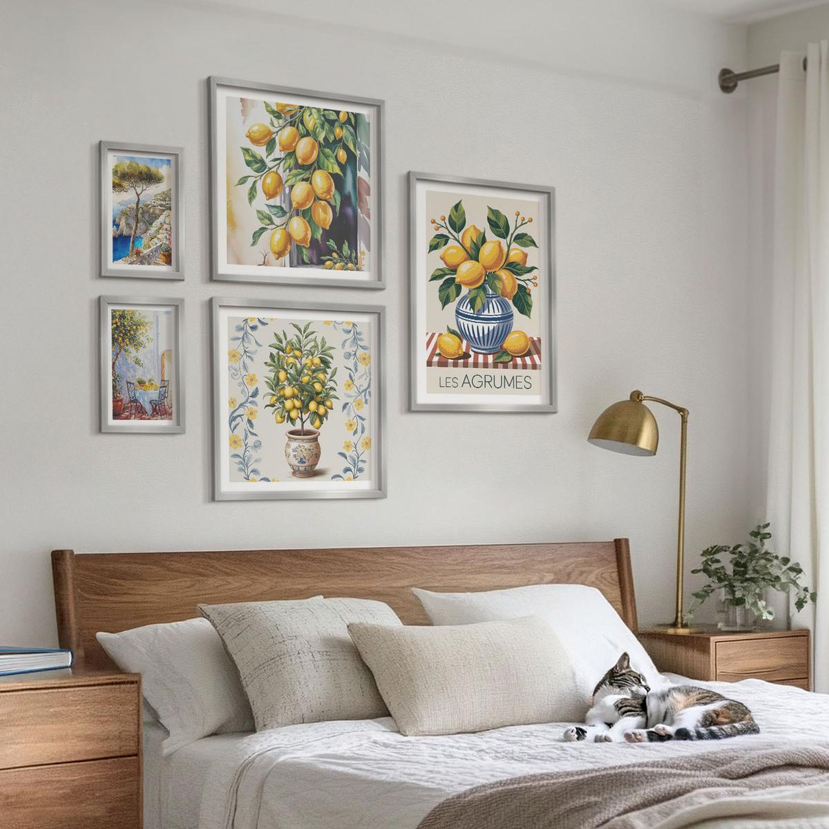 BILDER SET 5er Set - 50x50 cm & 20x30 cm & 40x60 cm Silberner Rahmen - Zitronenbäume am Meer - Silberfarben, Kunststoff (40/60cm) - TULUP