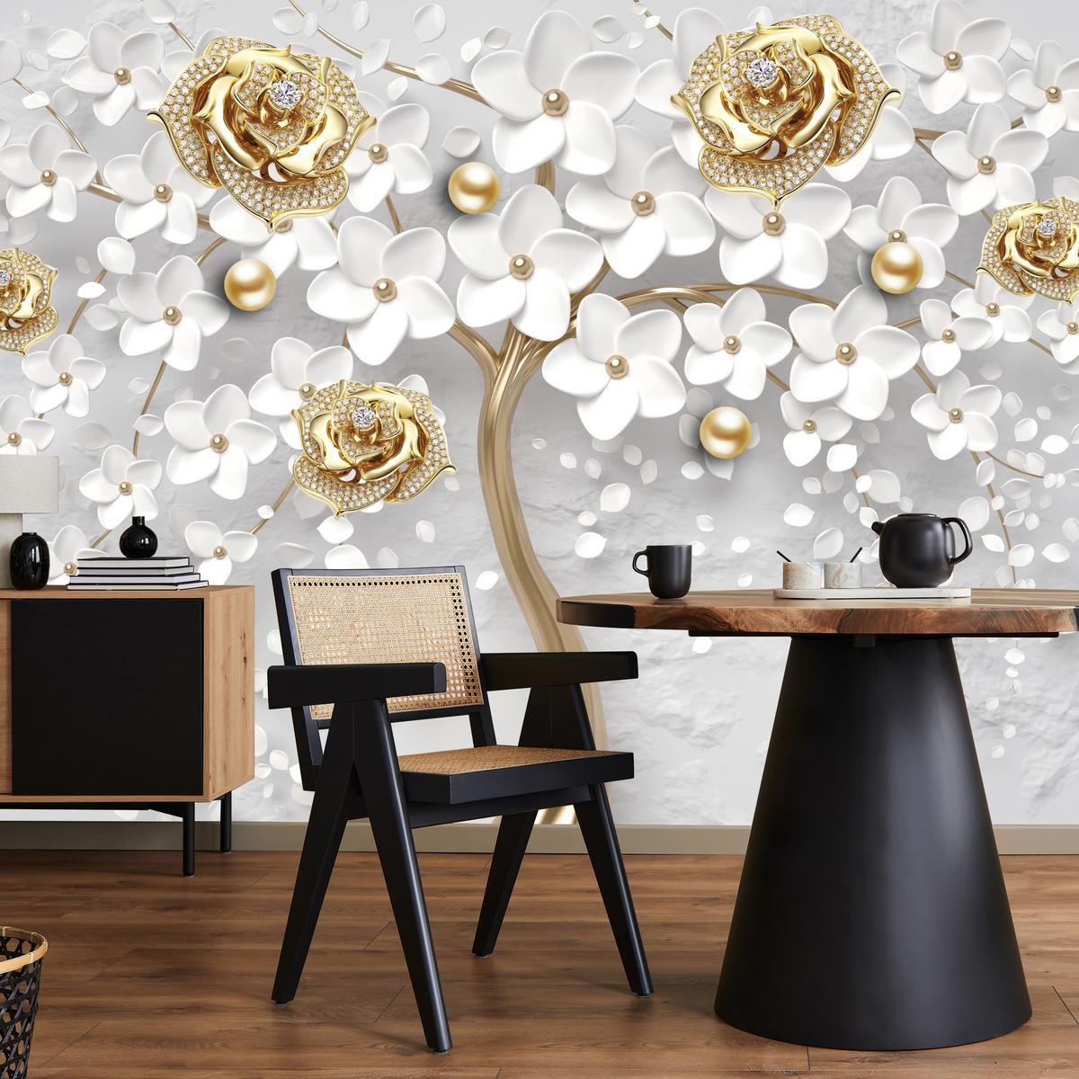 FOTOTAPETE für Wohnzimmer Abstrakte Rosen Baum Blumen Räumliche Äste Zweige 250x175 - Gelb/Weiß, Papier (250/175cm) - Muralo